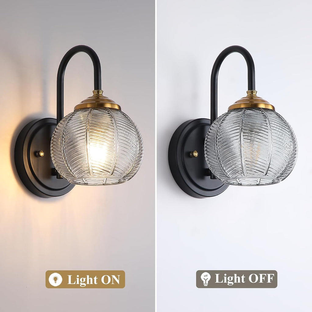 Bathroom Vanity Light Fixtures, 1-Light Smoky Gray Glass Shade, Modern Black and Gold Wall Sconce, Unique Textured