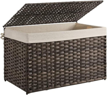 Storage Basket with Lid, Woven Blanket Storage Bin with Handles, Foldable, Removable Liner, Metal Frame, Laundry