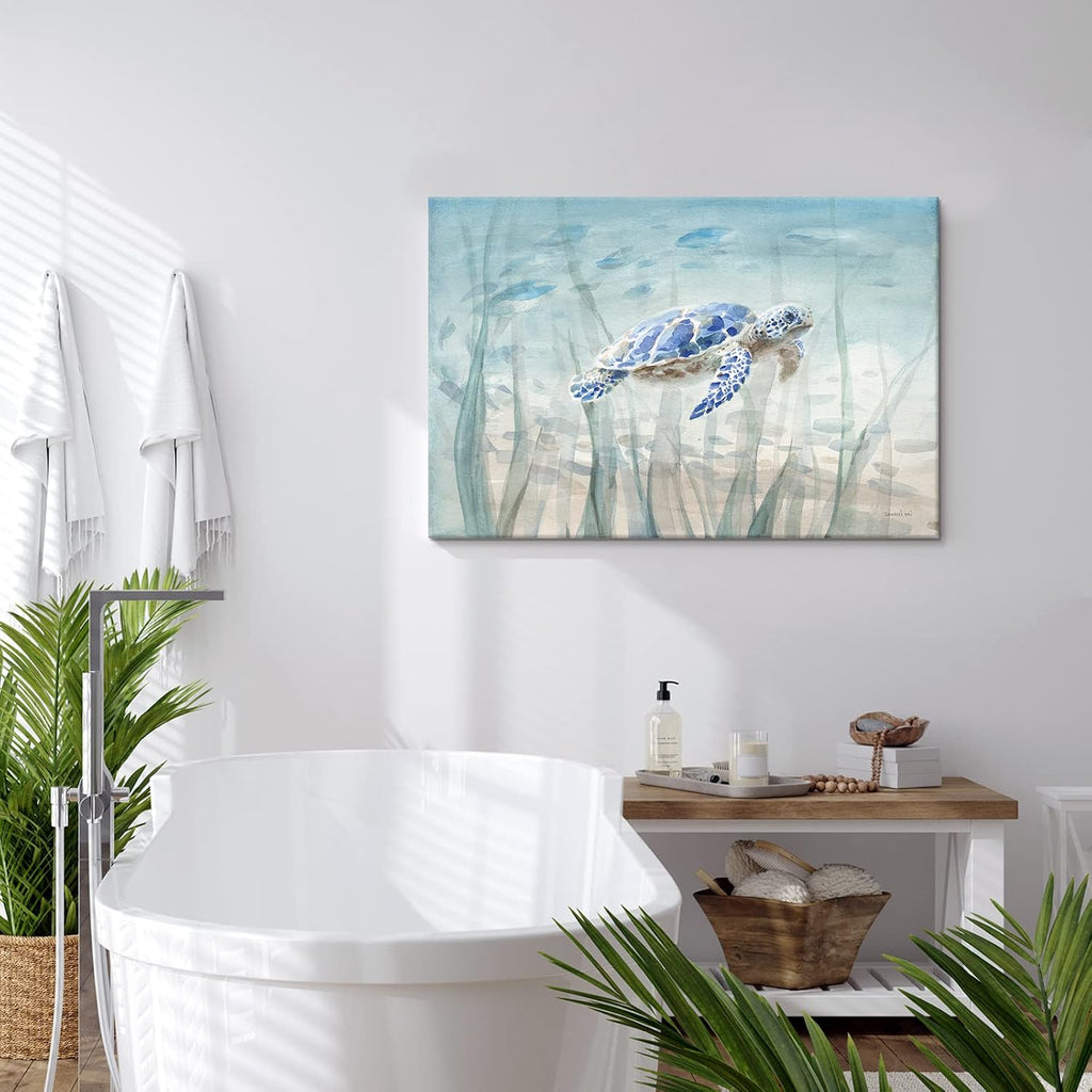 Ocean Wall Decor Blue Turtle Canvas Art Sea Grass Pictures Coastal Print Painting Nautical Artwork Ready to Hang