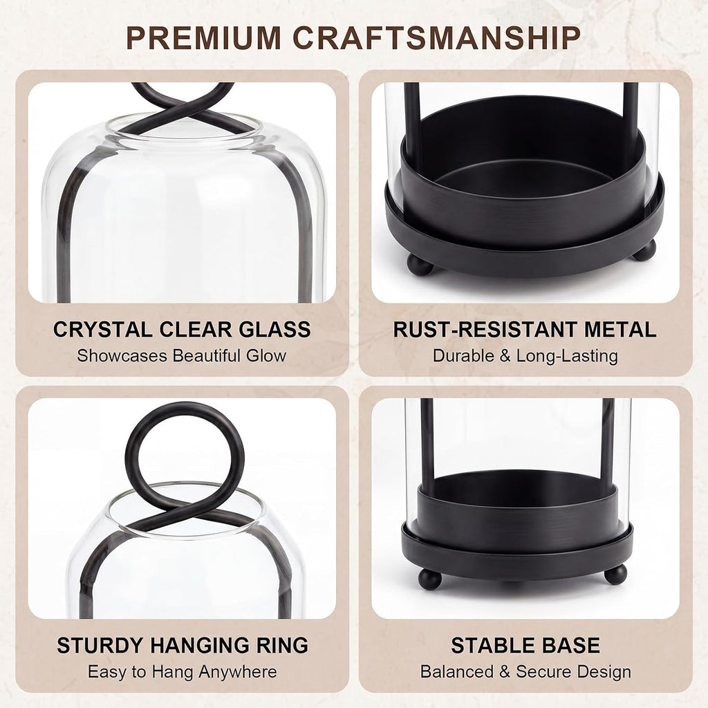 3 Set Hurricane Glass Candle Holder with Hanging Hook,Black