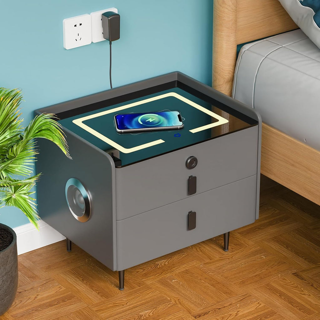Smart Nightstand Wireless Charging, Modern Nightstand with Fingerprint Locking Drawer, 2 USB & LED Lights Bluetooth