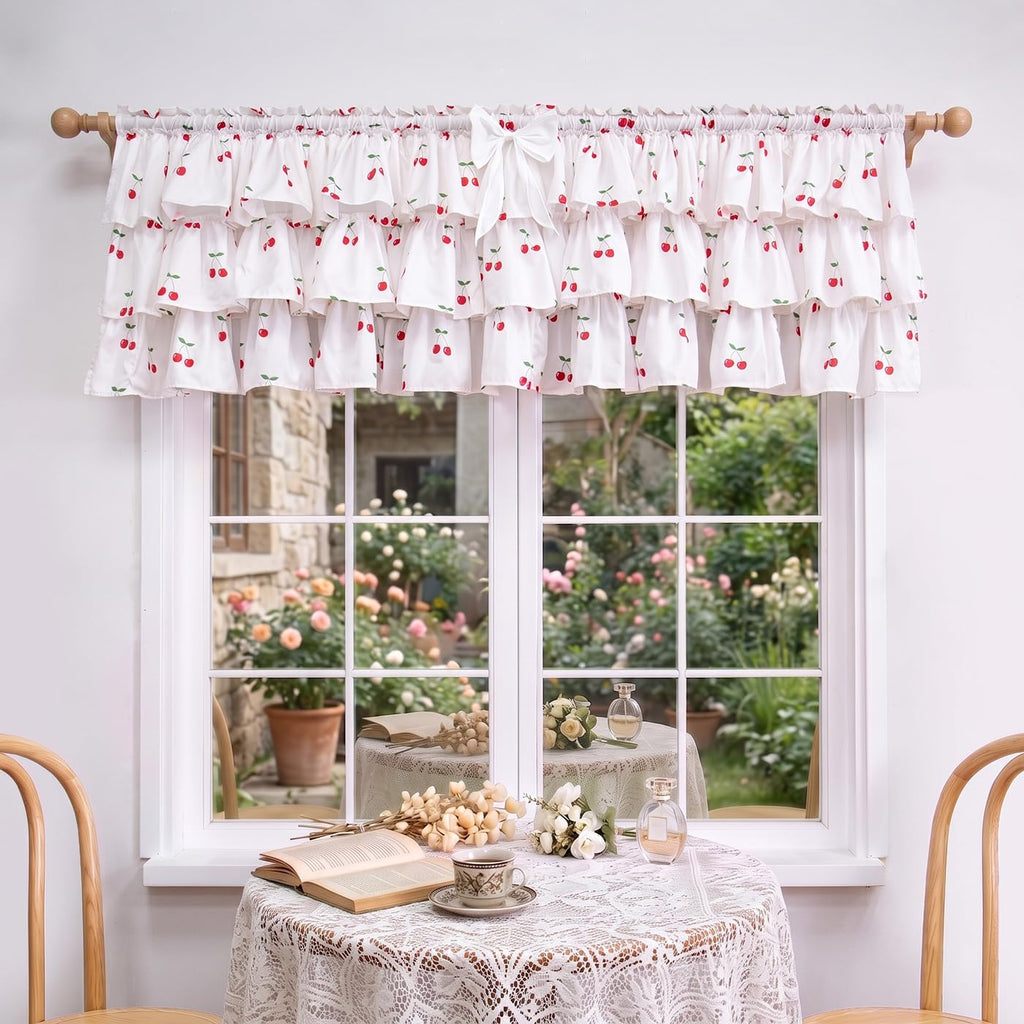 White Ruffled Valance for Small Window Red Cherry Print 52W x 18L 1PC