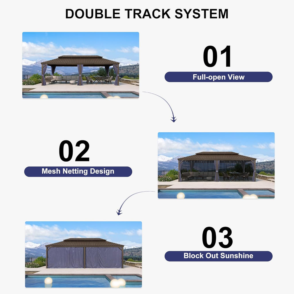 12' X 24' Outdoor Hardtop Gazebo Patio Wide Aluminum Frame Galvanized Steel Double Roof with Heavy Duty Netting and Curtains for Permanent Hard Top Pavilion Screen, Navy Blue