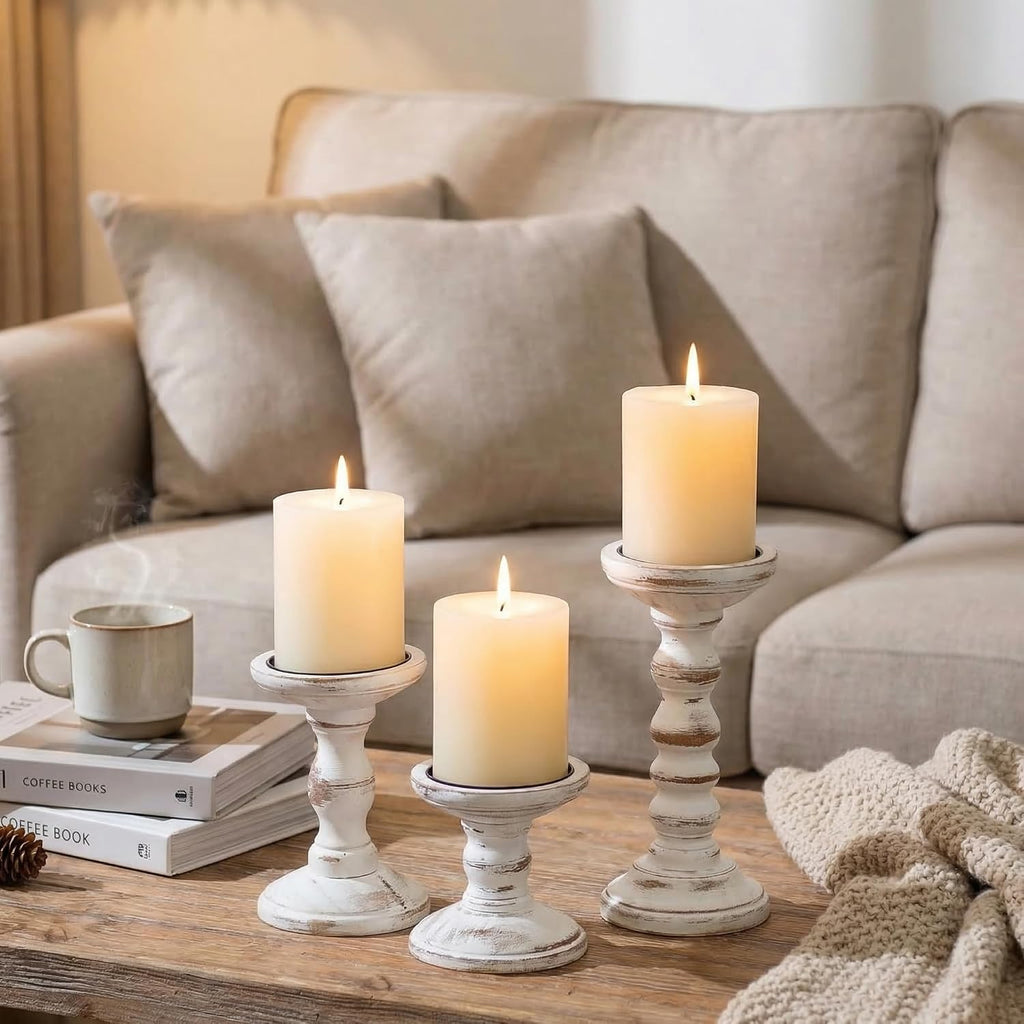 Wood Candle Holders for Pillar Candles - Set of 3 Tall Farmhouse Wooden Candlestick Holder, Rustic Candle Stand for