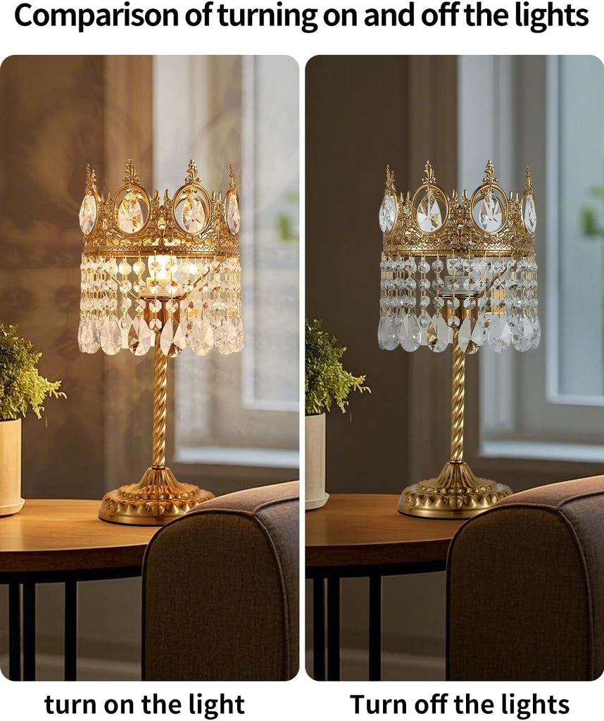 Vintage Gold Crown Shape Crystal Table Lamp, Small Bedside Nightstand Lamp