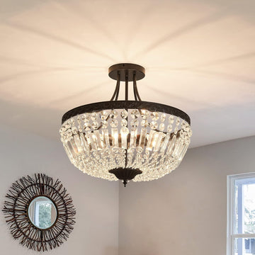 5-Light E12 Round Crystal Ceiling Light Fixture Modern Semi Flush Mount Chandelier Ceiling Lamp for Living Room