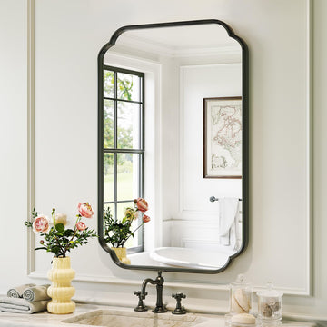 Black Scalloped Vanity Mirror, 24" x 36"Rounded Corner Rectangle Wall Mirrors with Metal Frame, Modern Vanity