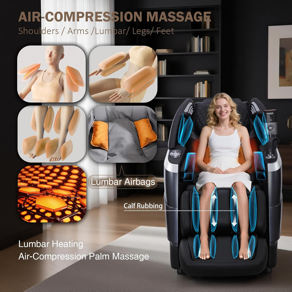 4D Massage Chair Full Body Zero Gravity 55" 166° Flexible SL-Track, Black | with Body Scan, Stretch, 36 Airbags, Heat