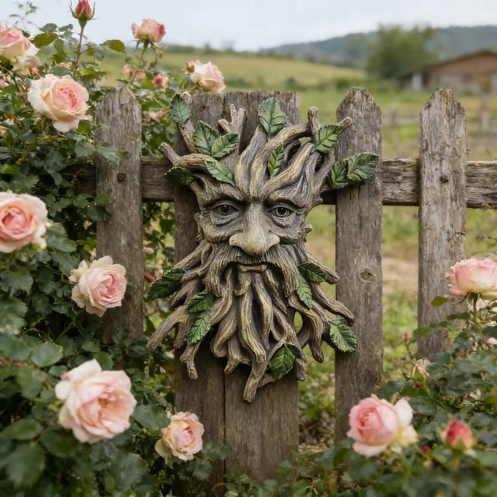 Whimsical Tree Face Garden Decoration, Tree Faces Decor Outdoor Wallmounted Statue Art with Leaf Features, Outdoor