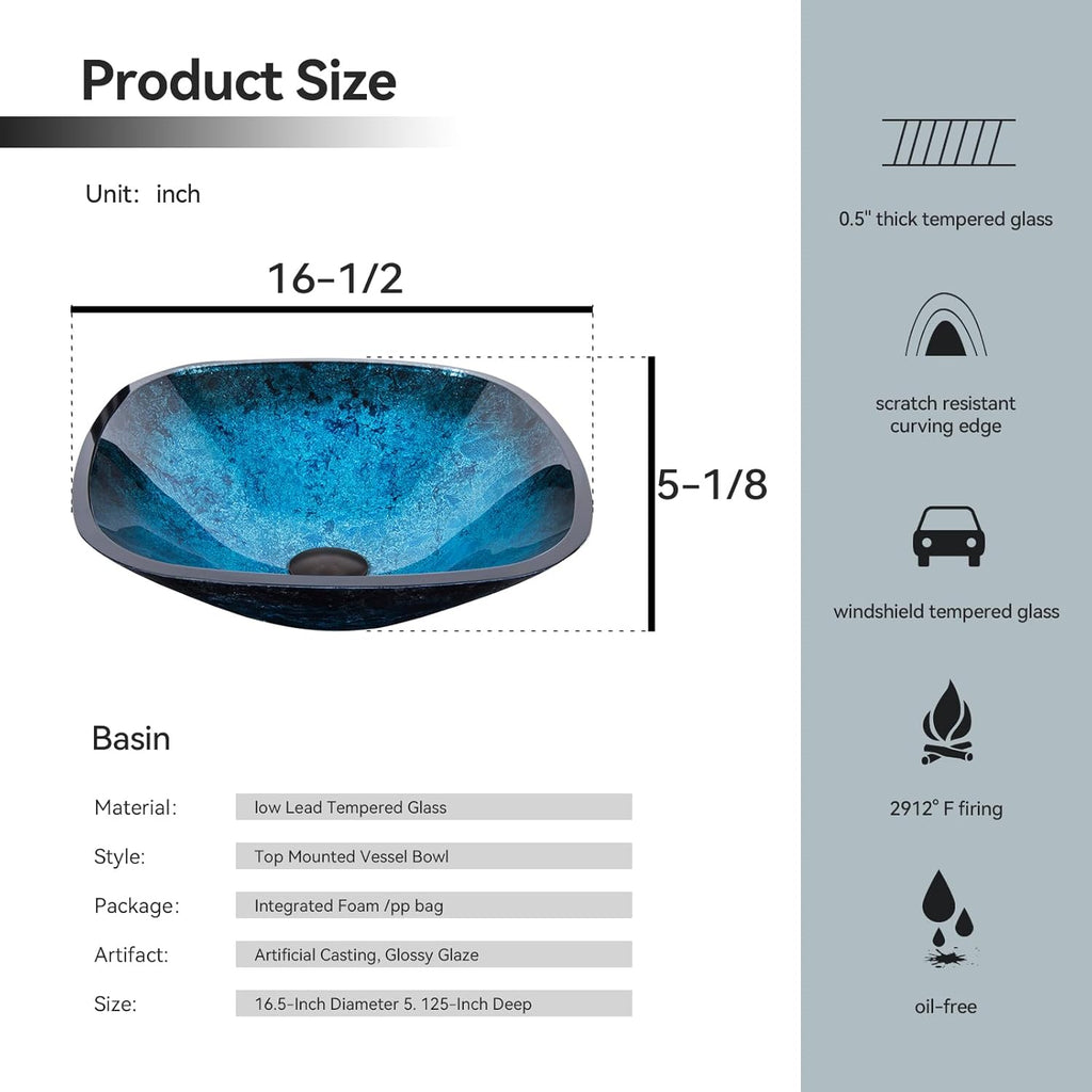 Artistic Square Bathroom Sink Blue Tempered Glass Vessel Sink Combo with Faucet 1.5 GPM and Pop up Drain Bathroom Bowl