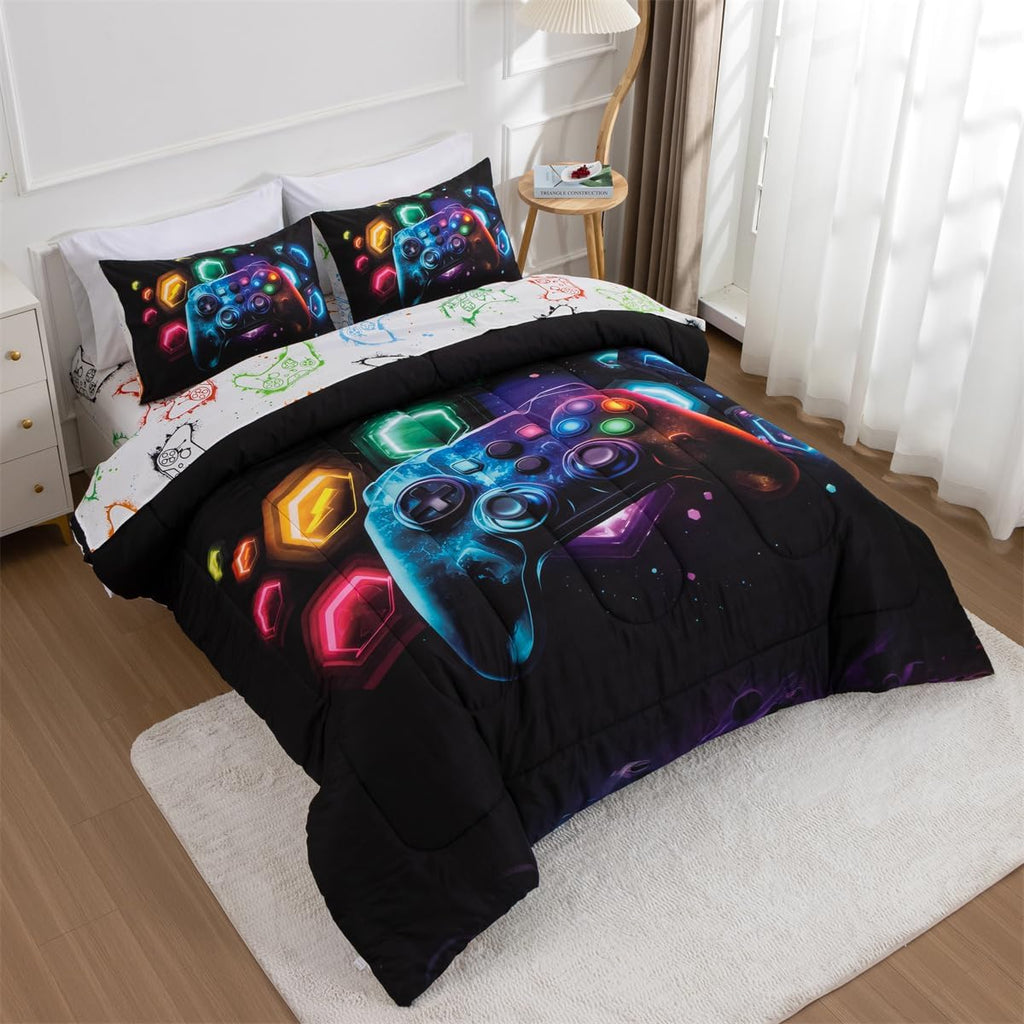 Game Console Comforter Set for Boys Girls Kids Space Universe Gaming Lightweight Microfiber Gamer Bedding Sets - Set of 5