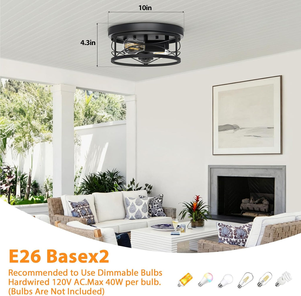 Motion Sensor Outdoor Ceiling Light, 2-Light Flush Mount Black Porch Light