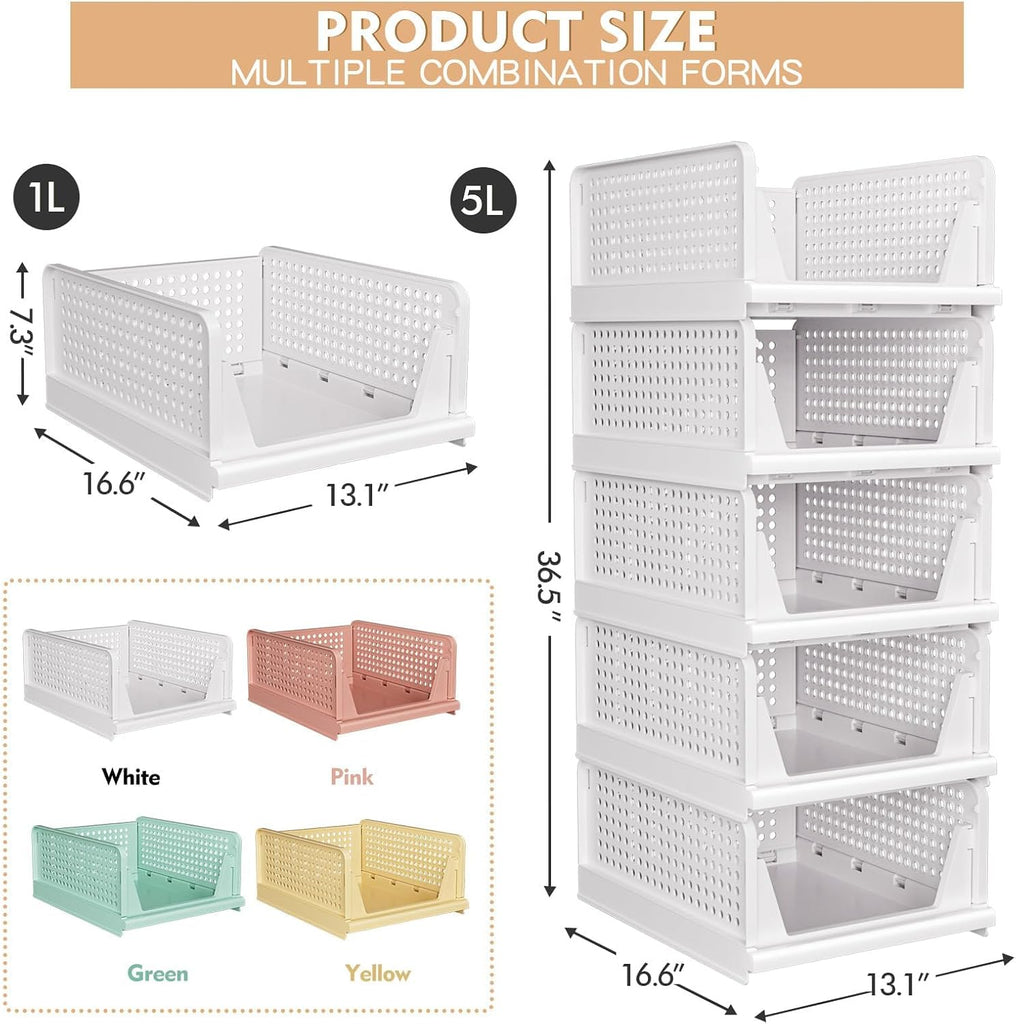 5 Pack Stackable Closet Storage Basket - Stackable Storage Bins | Multifunctional & Foldable Closet Organizer