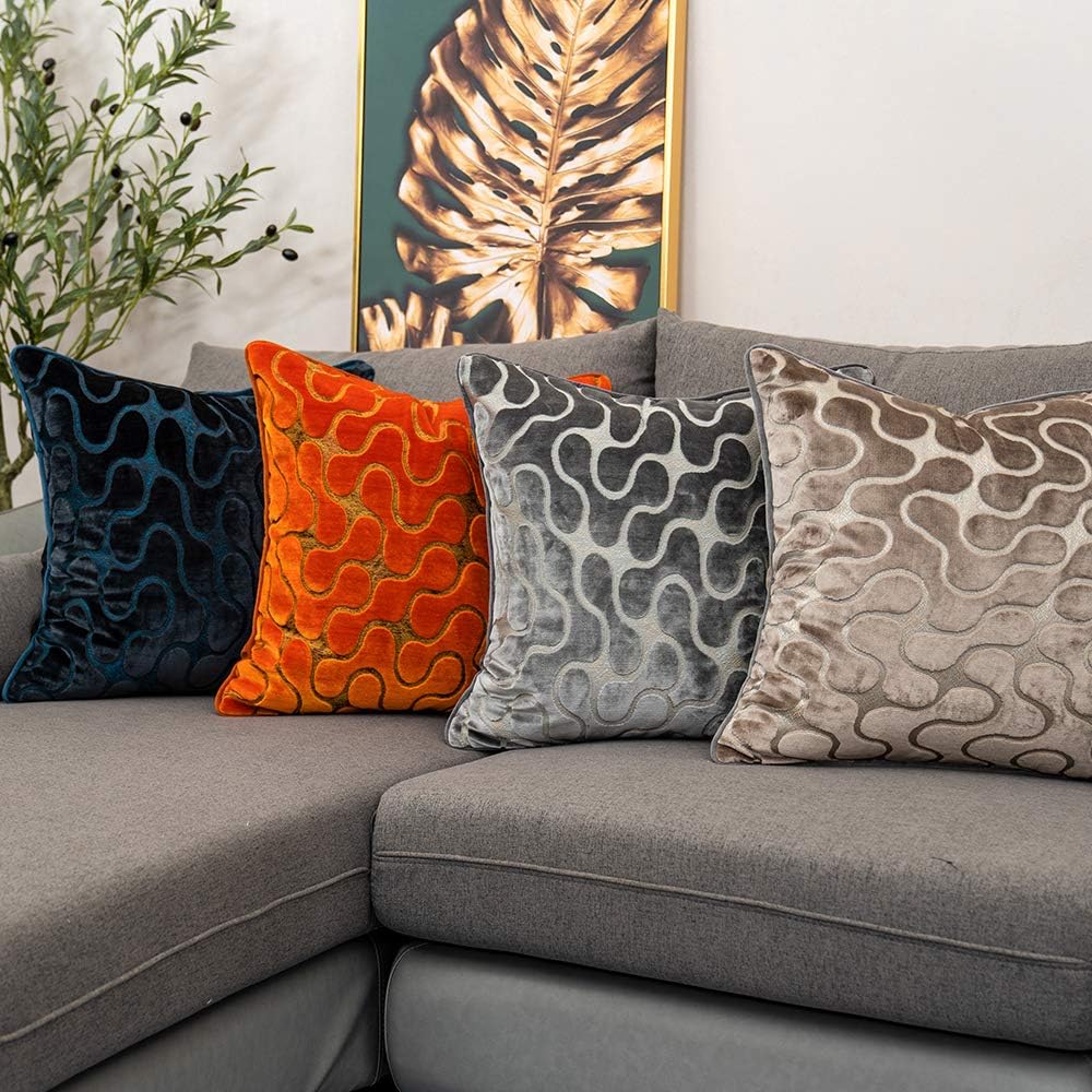 Orange Square Throw Pillow Cover Wavy Velvet Cushion Cover Modern Zippered Pillowcase, 20 x 20 Inch