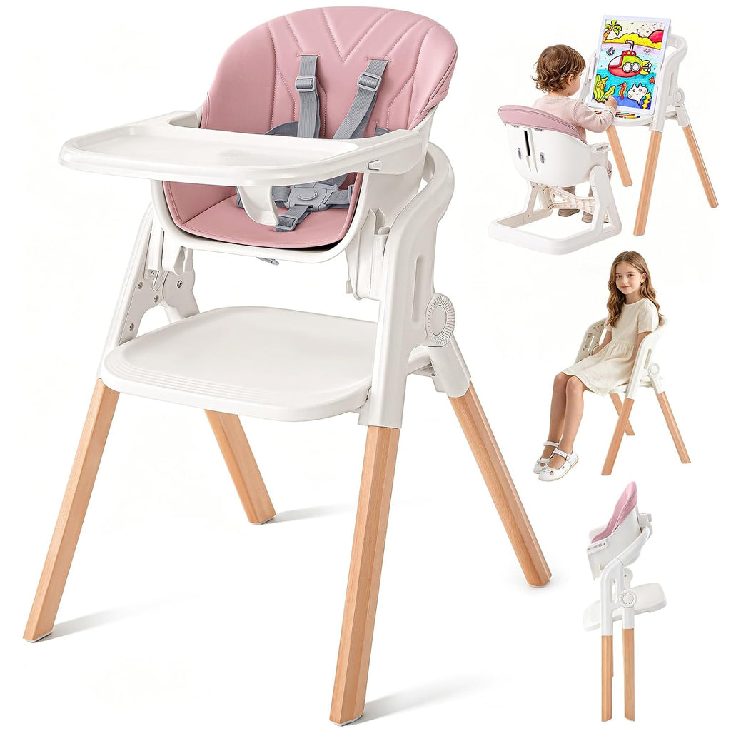 Foldable Baby High Chair, 4-in-1 Convertible Wooden Baby Highchairs (Beige)