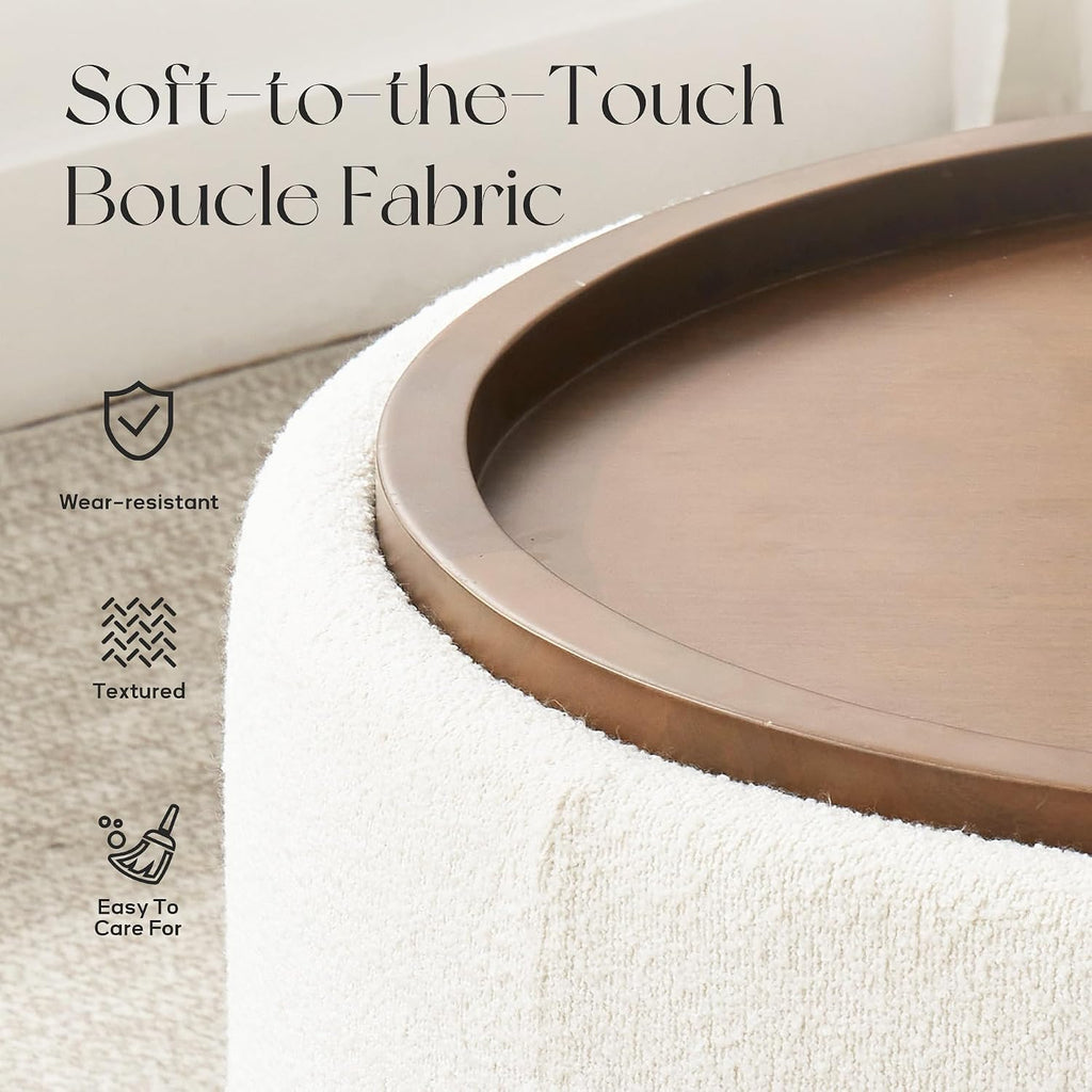 30 Inch Round Storage Ottoman, Ottoman Coffee Table with Lift Off Lid, Boucle Modern Ottomans with Storage s (Beige)