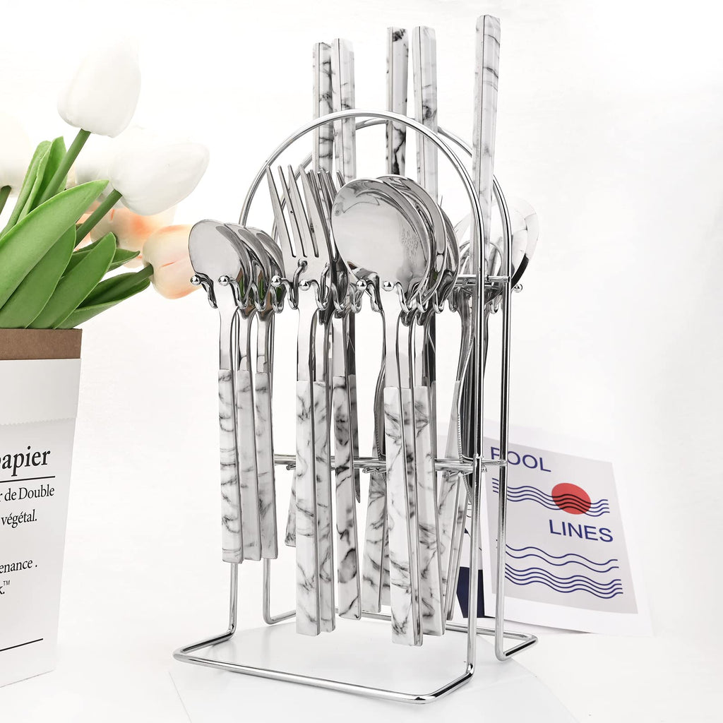 Silverware Set, 24 Piece Mirror Flatware Set With Stand, Stainless Steel Utensils With White Marble Texture Handle, A