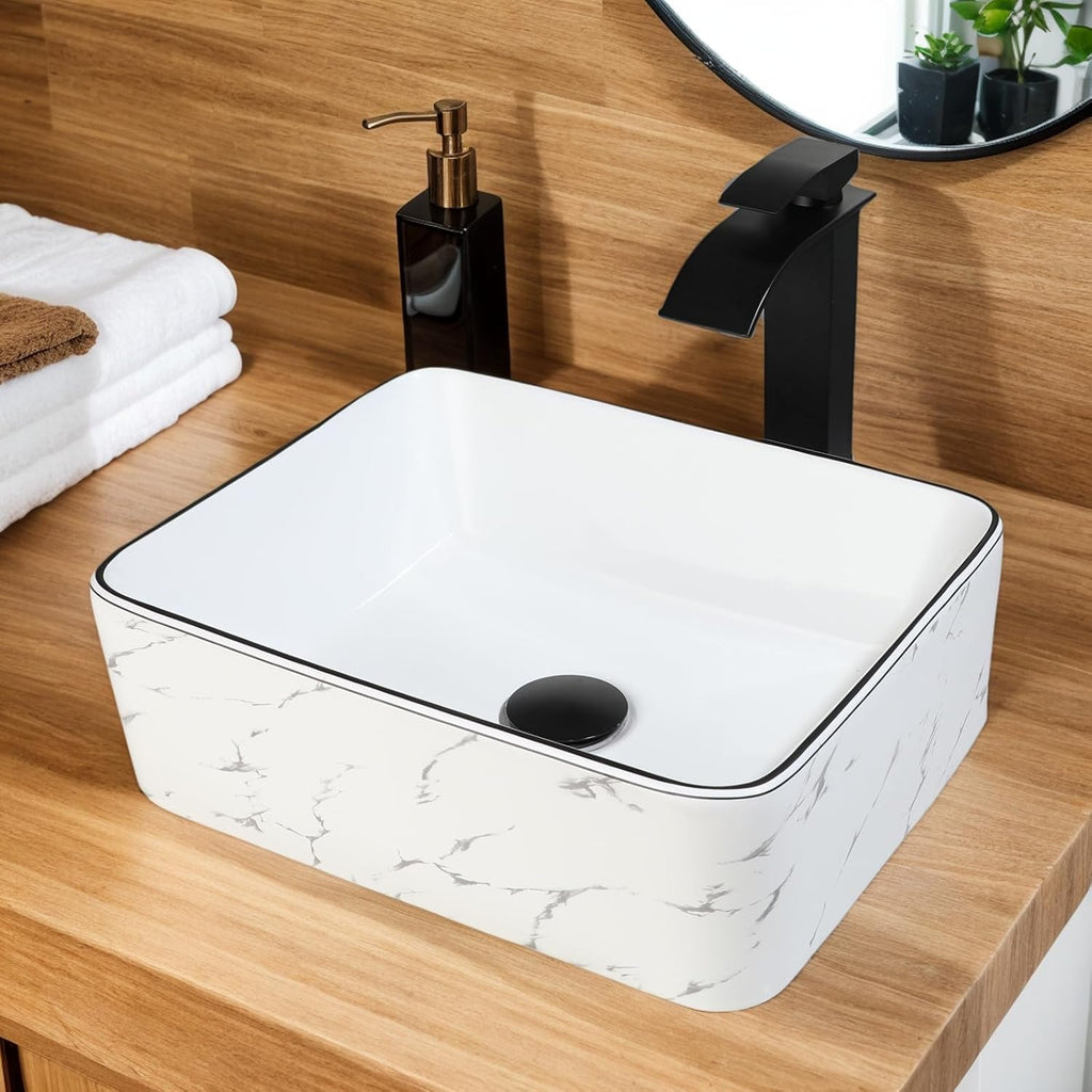 16 inch White Marble Ceramic Vessel Sink for Bathroom