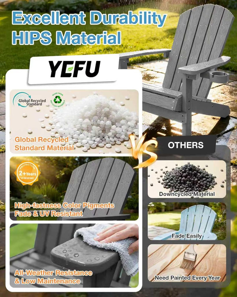 Adirondack Chairs Set of 2 with Cup Holder, Weather Resistant, Grey | HIPS Plastic Outdoor Fire Pit Chairs with Wood