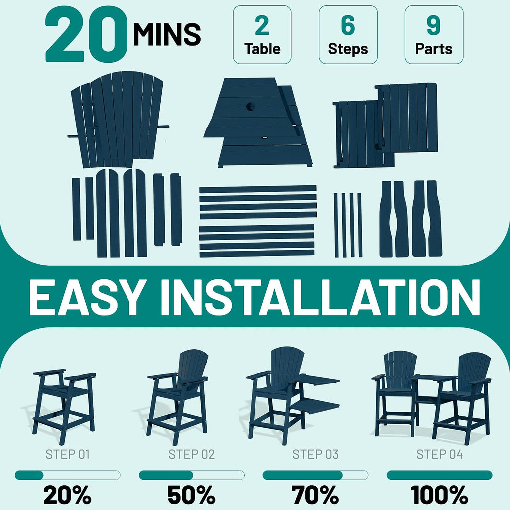 Tall Adirondack Chairs Set of 2 with Double Connecting Trays, Navy | HDPE Bar Height Outdoor Chairs with Umbrella
