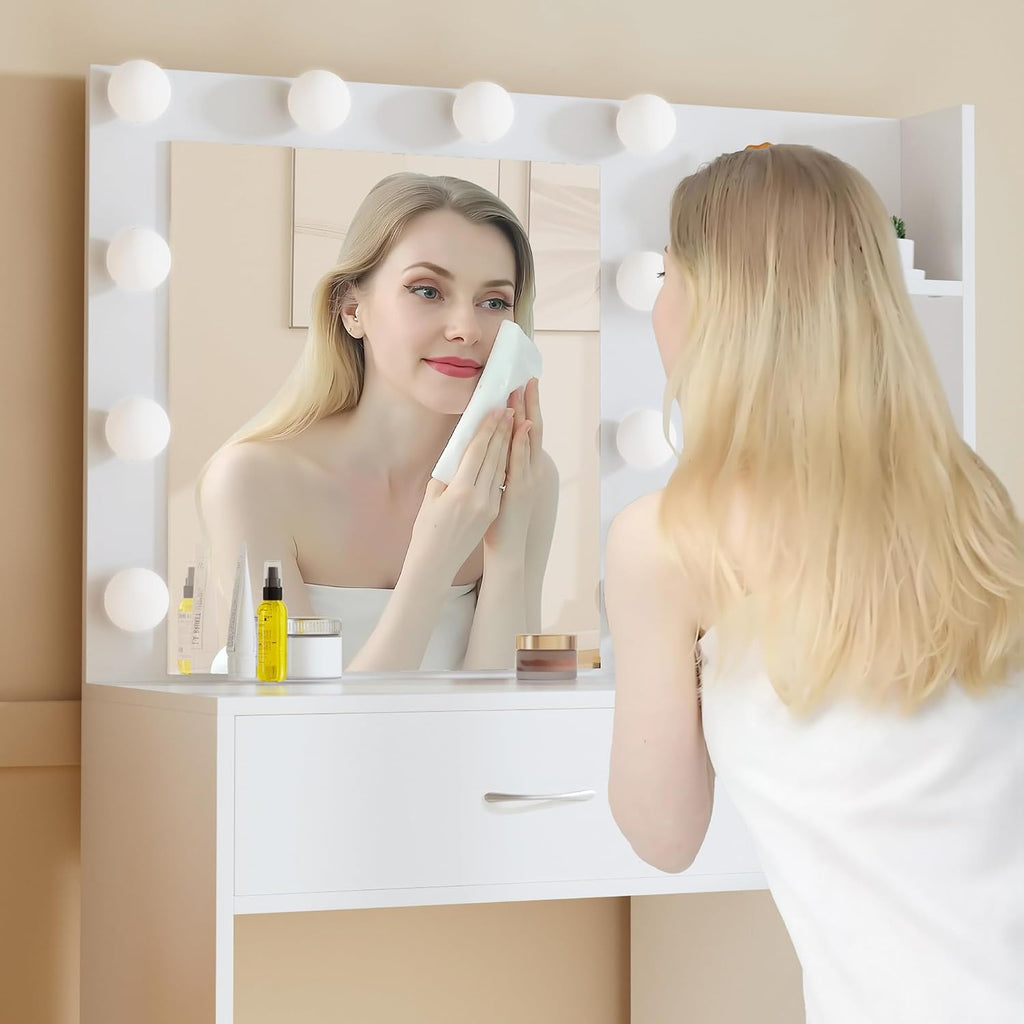 35.4" White Makeup Vanity Desk with 10 Hollywood Light Bulbs | Dimmable Lighting, Large Mirror, Storage Cabinet