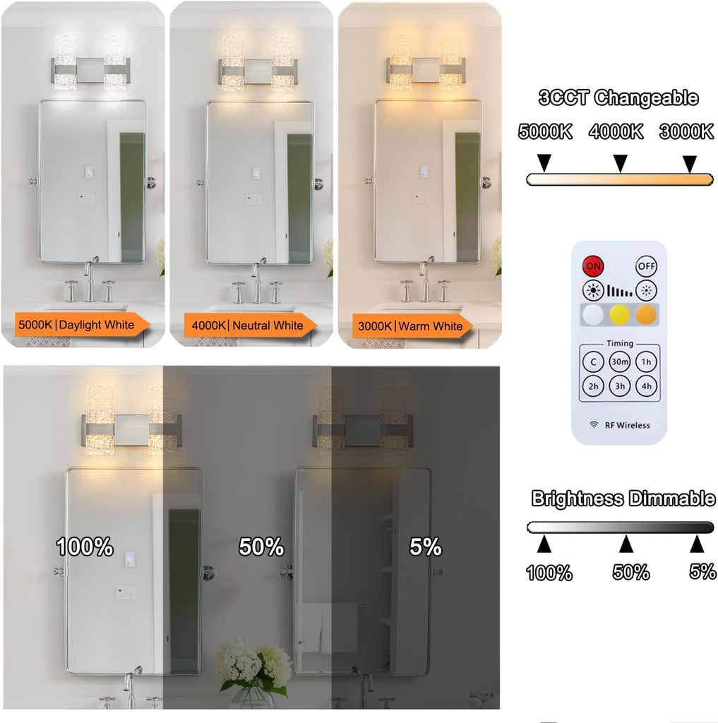 Modern Brushed Nickel 2 Lights Bathroom Vanity Light, LED Bathroom Light Fixtures Over Mirror, Dimmable Acrylic Wall