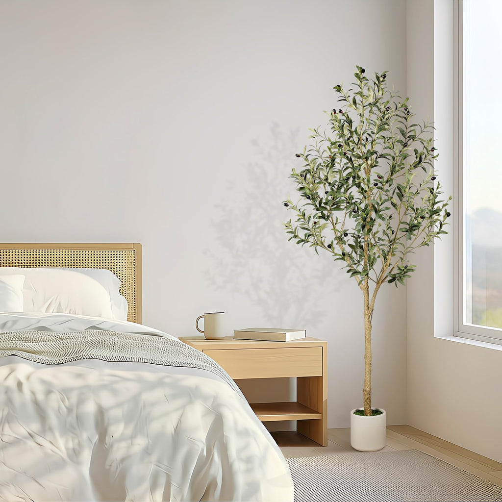 Faux Olive Tree 6ft with Sturdy White Planter, Artificial Olive Tree