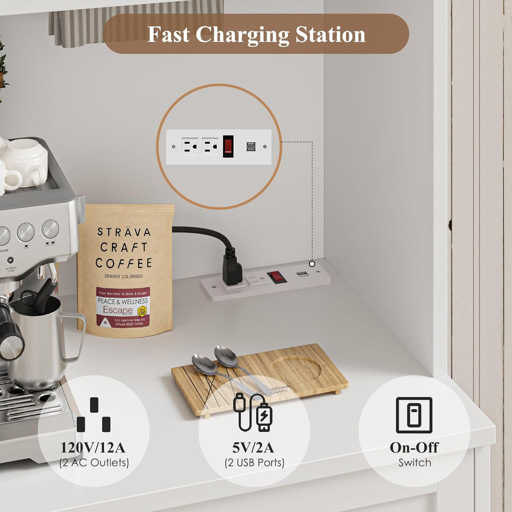 75" Kitchen Pantry Storage Cabinet, Coffee Bar Hutch Cabinet, White | Tall Pantry Cabinet with Charging Station /