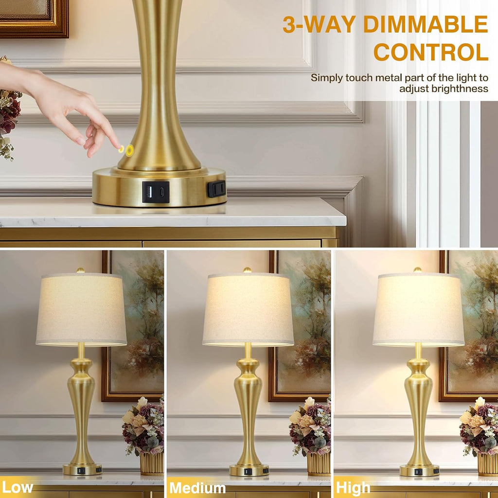 30 Inch Gold Single Table Lamp, 3-Way Dimmable Touch Control Bedside Lamps with USB A+C Ports and AC Outlet