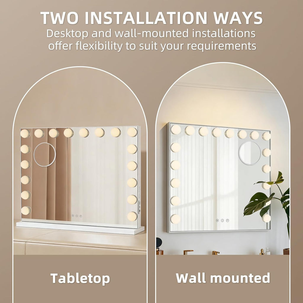 Large Vanity Mirror with Lights, 26"x20.9" Hollywood Mirror with 10X Magnification, 18 Dimmable LED Bulbs & 3 Color