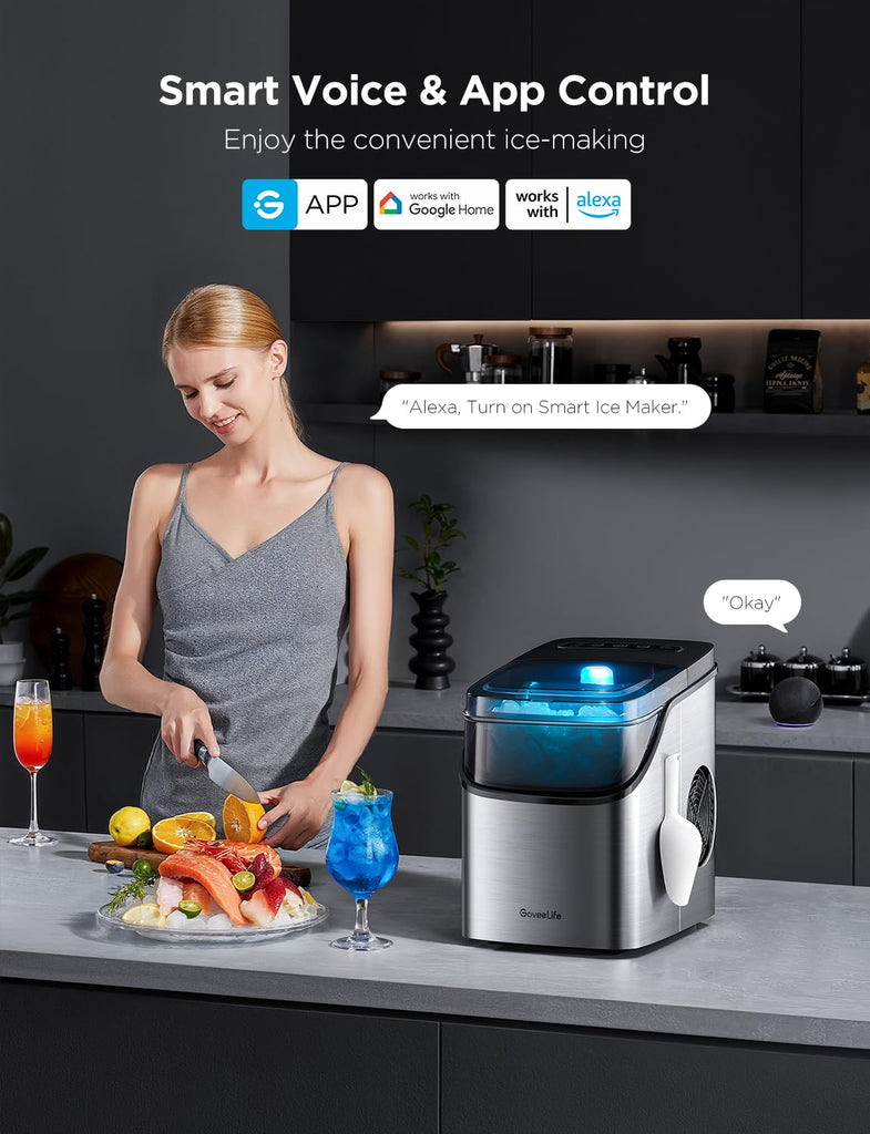 Smart Ice Maker Countertop, Portable Ice Machine with Voice Control, 9 Ice Cubes in 6 Minutes 3 Sizes, 26lbs/24Hrs