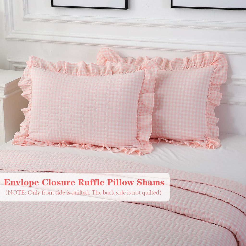 Blush White Ruffle Gingham Quilted Bedspread Set