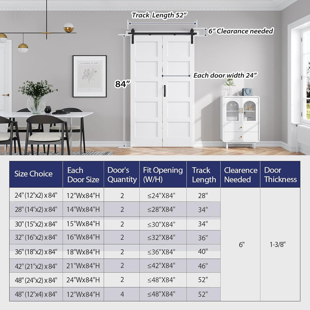 48X84(Double 24x84) Bi-fold Barn Door Folding Doors White with 52" Hardware Kit,Interior Water-Proof