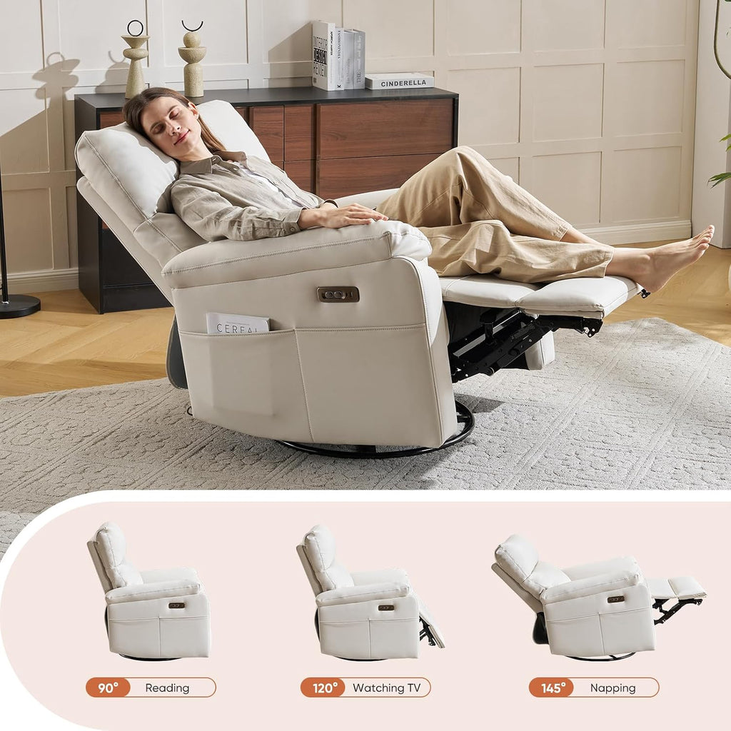 Power Recliner Chair with Adjustable Lumbar Support, Swivel Rocker Recliner with Overstuffed Armrests, Nursery Glider