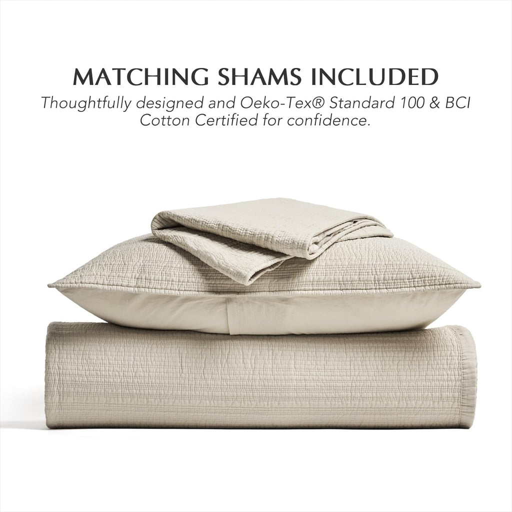 Channel Stitch 100% Cotton Quilt Set, Pre-Washed Cotton Sateen Coverlet Bedspread, 3-Piece Soft & Breathable