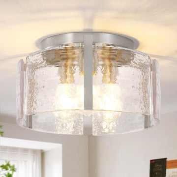 14" Modern Semi Flush Mount Ceiling Light, Brushed Nickel 3-Light Fixture with Glass Drum, Dimmable Hallway Lighting