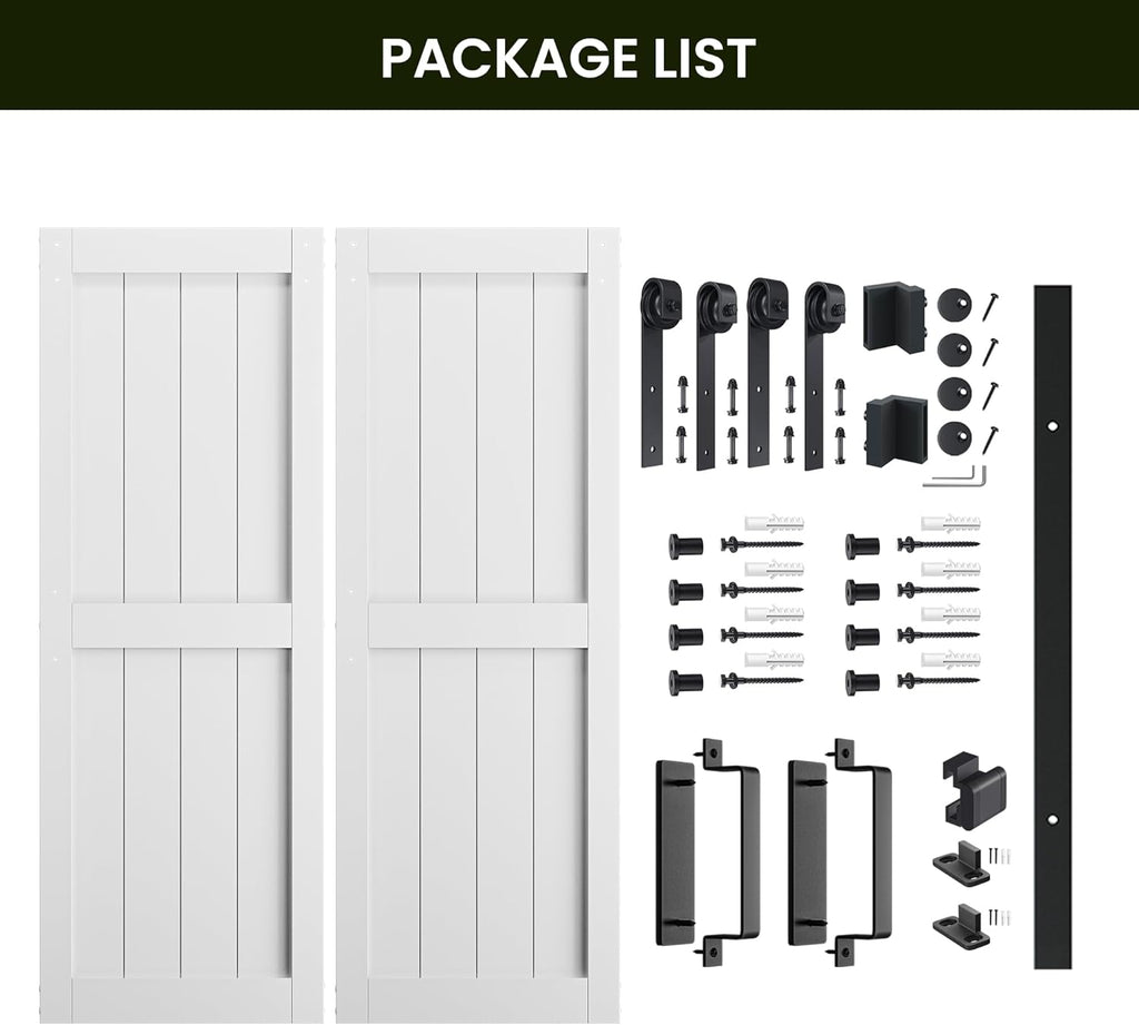64 x 84 in (Double 32x84 Door) White Barn Door with 11FT Sliding Hardware Kit & Handle, Pre-Drilled 