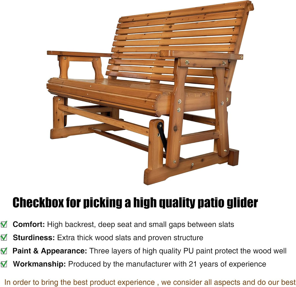 Wooden Patio Glider with High Roll Back and Deep Contoured Seat, Solid Fir Wood, 2-Seater, Heavy Duty 800 LBS, 4 Ft.