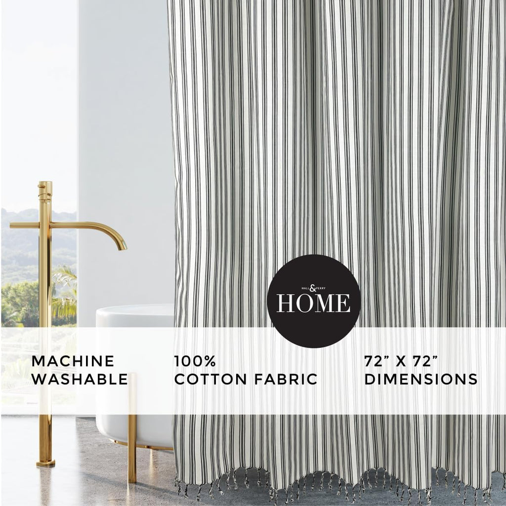 Modern Transitional Stripe Shower Curtain with Tassels - Vertical Off White/Cream with Black Striped Lines, 72" x 72"