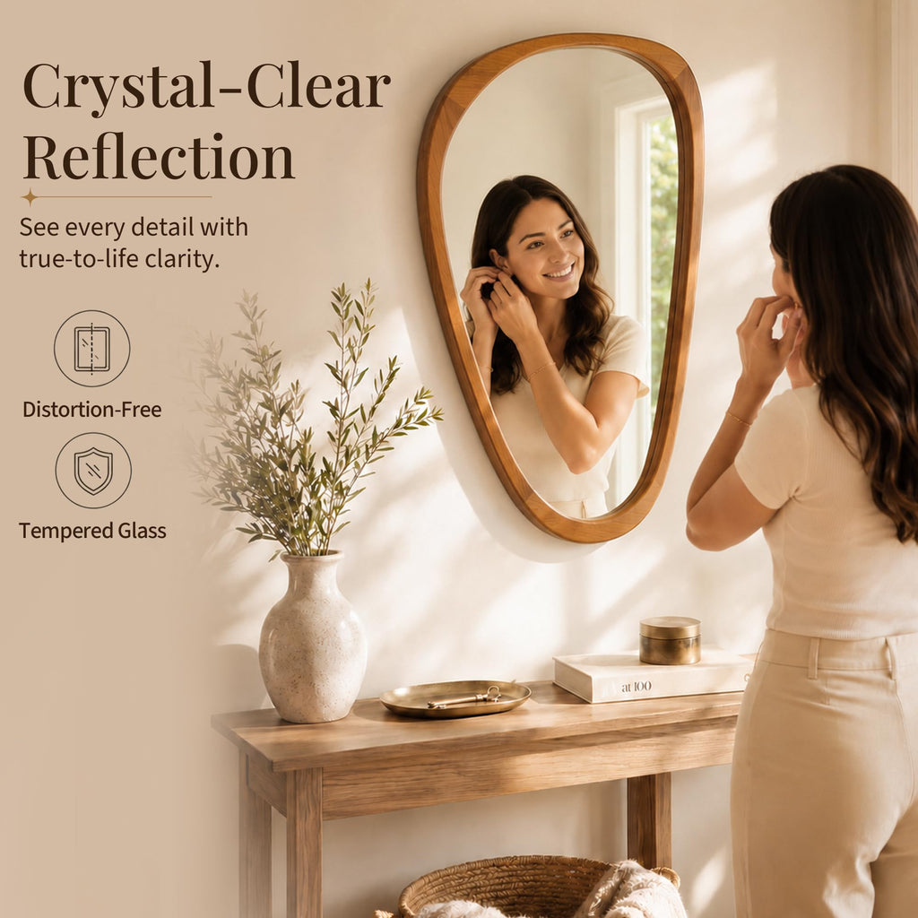 24x36 Inch Warm Walnut Irregular Solid Wood Bathroom Vanity Mirror
