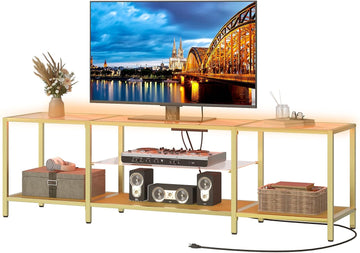 TV Stand with LED Lights and Power Outlets for TVs up to 75", Modern 70.9 Inch Tempered Glass TV Console Table with Open Shelves, Media Entertainment Center for Living Room, Gold GD185UDS01