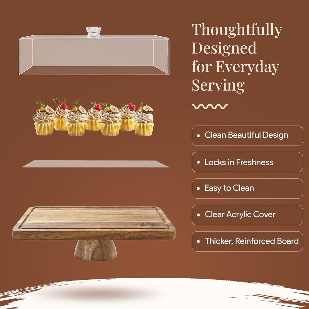 Acacia Wood Cake Stand with Lid, 2-in-1 Charcuterie Board, 17x13 | Rectangular Pastry Display Case & Charcuterie