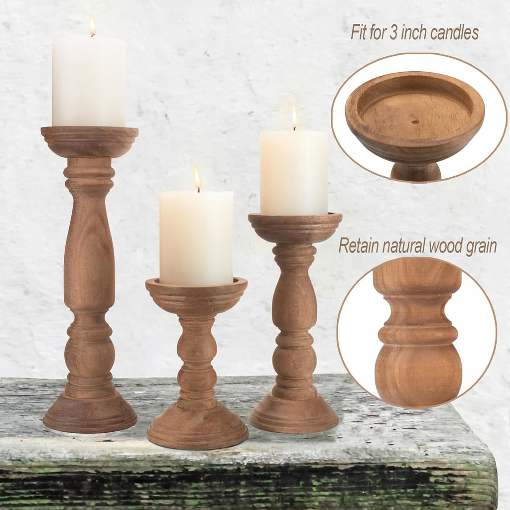 Farmhouse Wooden Candle Holders for Pillar Candles Set of 3, Rustic Wood Candle Holder Table Centerpiece Decor, 12''