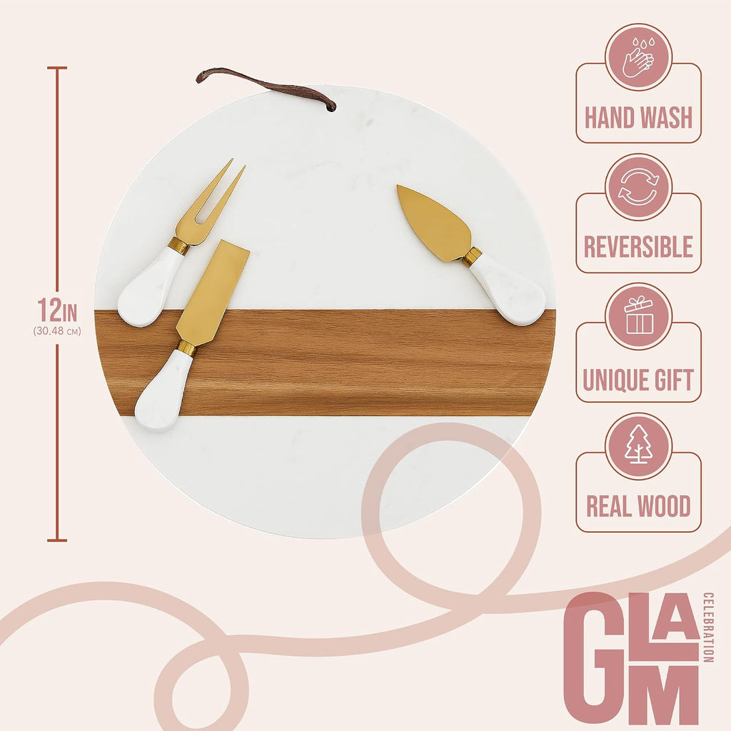 Marble Charcuterie Board Gift Set - 12" Round Cheese Board with 3 Gold Stainless Steel Knives, Leather Strap & Gift