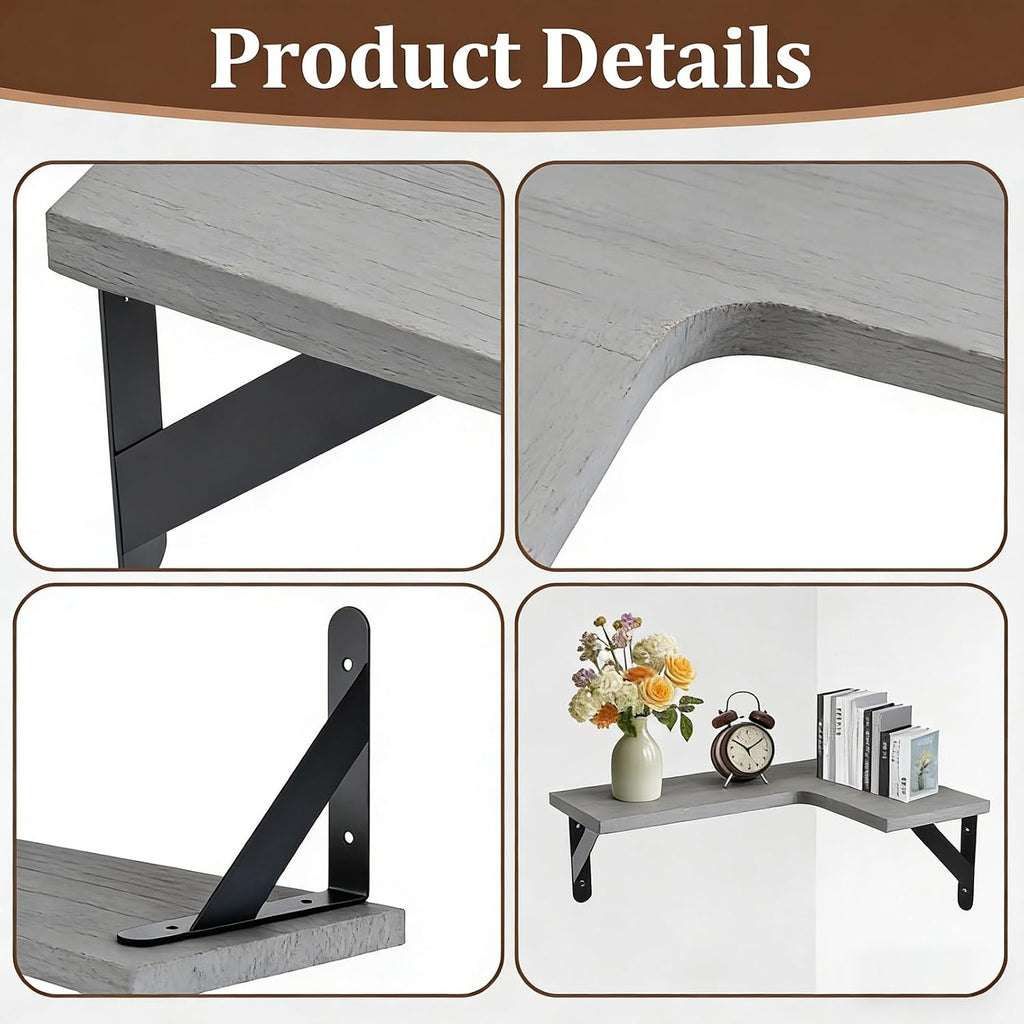 Corner Floating Shelves Set of 5, Rustic Wood Shelves, Grey | Wall Mounted Floating Shelf Decor, Storage Corner Shelf