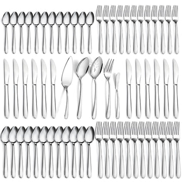 65-Piece Silverware Set with Serving Utensils - Mirror Polished Stainless Steel Flatware Set for 12, Elegant Dining