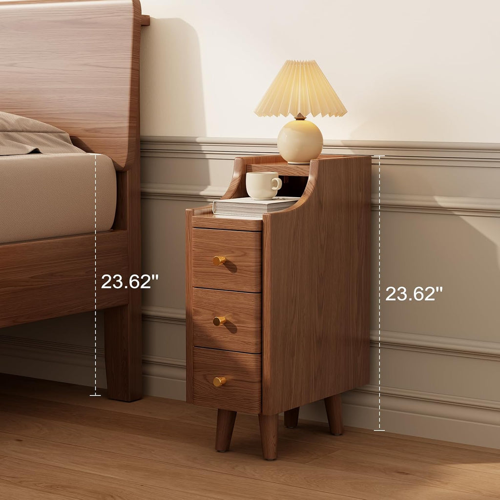 Solid Wood Narrow Nightstand with Drawers,Walnut Nightstand Wood Bedside Table Modern ,Study,Toilet