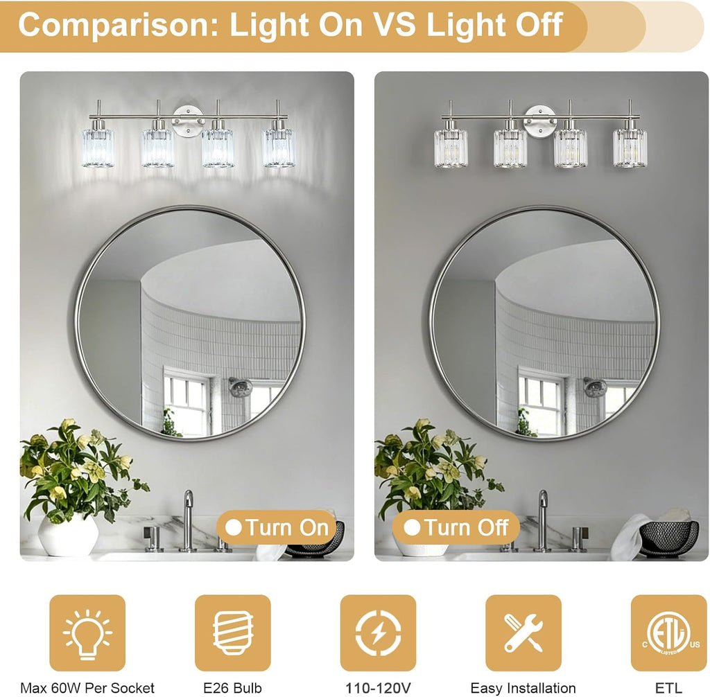 Brushed Nickel Bathroom Light Fixtures, Round, 4-Light | Vanity Lights with Crystal Shades, Modern Bathroom Lighting