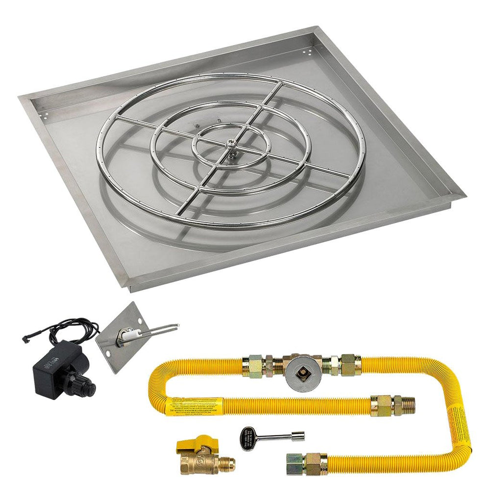 Fireglass Stainless Steel Square Drop-In Fire Pit Pan with Spark Ignition Kit - High-Capacity Natural Gas - Complete