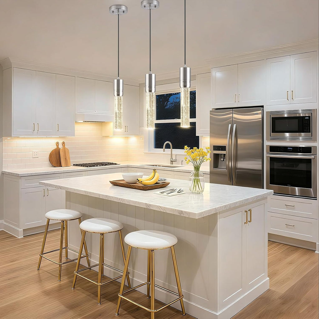 Brushed Nickel Pendant Lights Kitchen Island, Crystal Bubble Pendant Lights, Adjustable Modern Pendant Light Fixtures